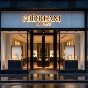 A cinematic, wide-angle shot of a luxury boutique storefr...