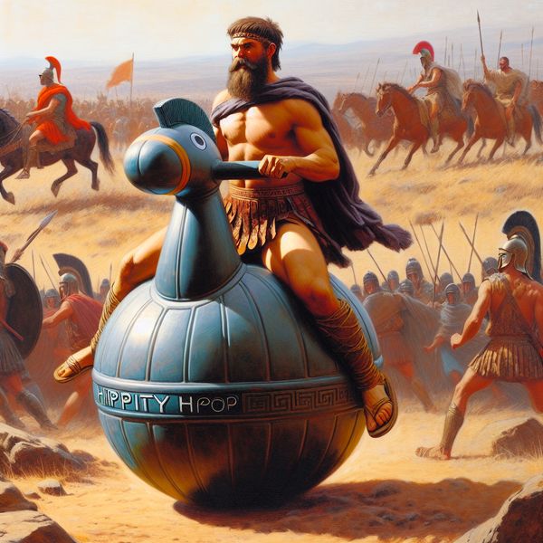 AI image generated by DALL-E 3 — prompt: A historical oil painting of Alexander the Great riding a hippity hop toy into battle. The hippity hop toy was a old children's toy that looked like a giant rubber ball that a child could straddle and hold onto rubber handles. If the model did not have knowledge of a hippity hop in its training data, we would further prompt with a description of the hippity hop toy.