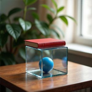 A glass cube on a wooden table. Inside the cube is a smal...