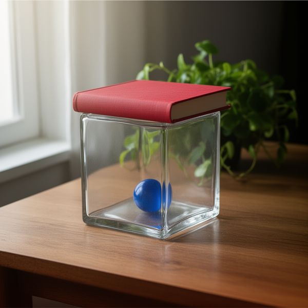 AI image generated by FLUX.2 [dev], ranked #15 of 22 in the "Geometric Composition" arena challenge — prompt: A glass cube on a wooden table. Inside the cube is a small blue sphere. On top of the cube sits a red book. A green plant is behind the cube, partially visible through the glass. Soft window light from the left.