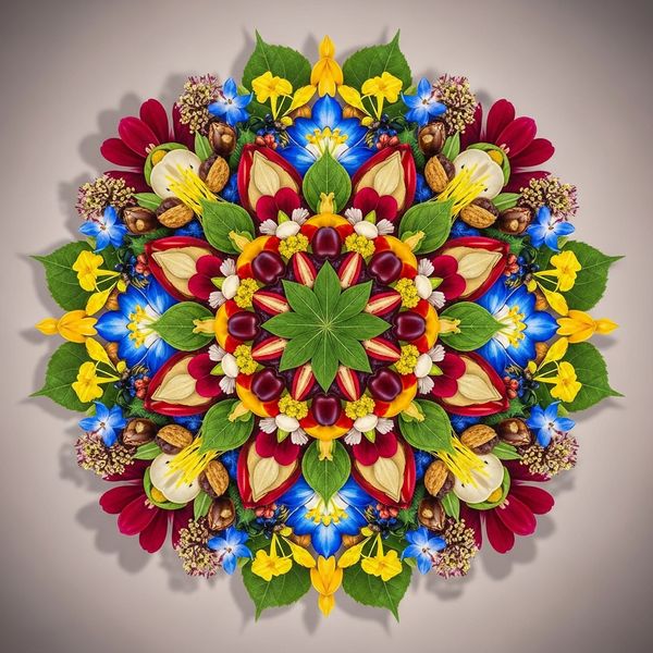 AI image generated by Imagen 4.0 Ultra Generate 001, ranked #15 of 15 in the "Intricate Floral Mandala" arena challenge — prompt: Perfectly symmetrical mandala made entirely of real flowers, petals, leaves, fruits, and seeds in vibrant natural colors, intricate layered patterns with radial symmetry, top-down view on a soft neutral background, hyper-detailed organic textures and subtle shadows, photorealistic, 8K masterpiece.