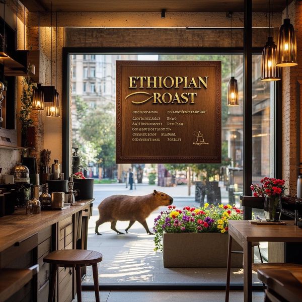 A high-end artisan coffee shop interior where the menu board features the text "ETHIOPIAN ROAST" ...
