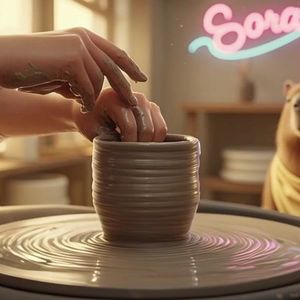 A vibrant, sun-drenched pottery studio where a ceramicist...