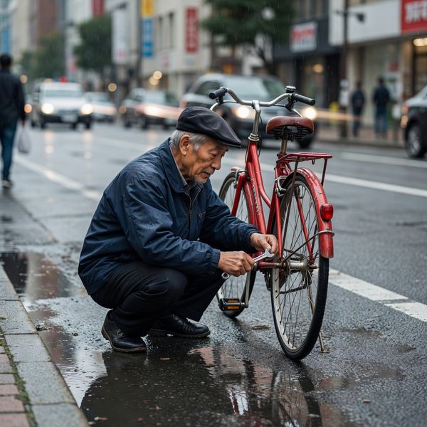 A candid street photo of an elderly Japanese man repairing a red bicycle in light rain, reflectio...