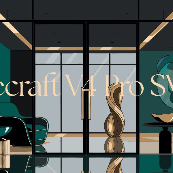 AI image generated by Recraft V4 Pro SVG — prompt: Vector illustration of a cinematic wide shot of a high-end, contemporary design studio interior. In the center of the frame, a sleek, minimalist glass storefront features the words "Recraft V4 Pro SVG" elegantly etched in gold leaf typography on the window. Vibrant, deep emerald and charcoal color palette, 16:9 aspect ratio