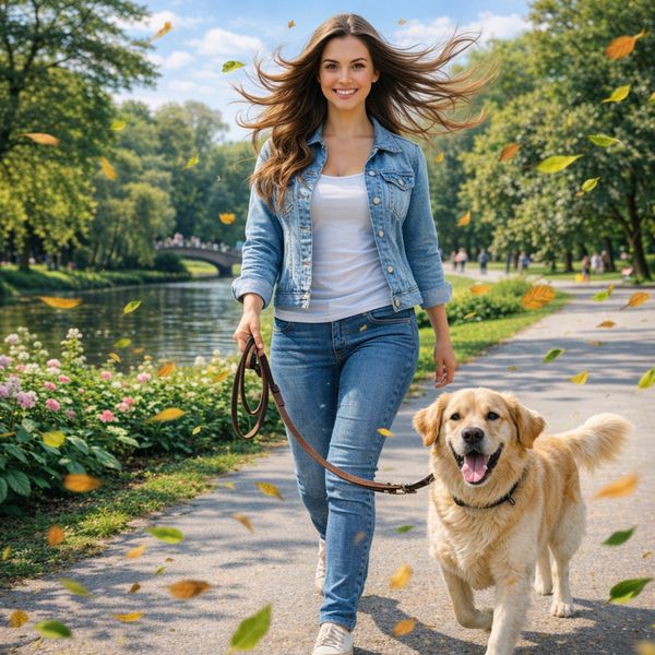 AI image generated by GPT Image 1.5, ranked #3 of 13 in the "Golden Hour Stroll" arena challenge — prompt: Add dynamic motion to this photo: make hair blow in the wind, add leaves flying, energetic and lively feel.