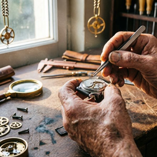 AI image generated by Qwen Image 2.0 — prompt: A hyper-realistic close-up of an elderly craftsman's weathered hands meticulously assembling a vintage mechanical watch. Soft, natural sunlight streams through a dusty workshop window, illuminating fine brass gears, tiny screws, and intricate silver springs scattered on a dark wooden workbench. Shallow depth of field with a soft bokeh background of antique clockmaking tools. 4:3 landscape, cinematic lighting, 8k resolution, macro photography.