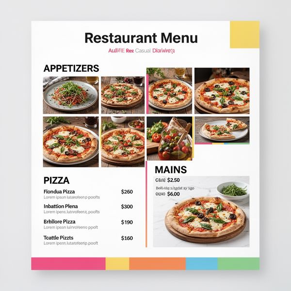 Modern minimalist restaurant menu design, white background with colorful food photos in grid, sec...