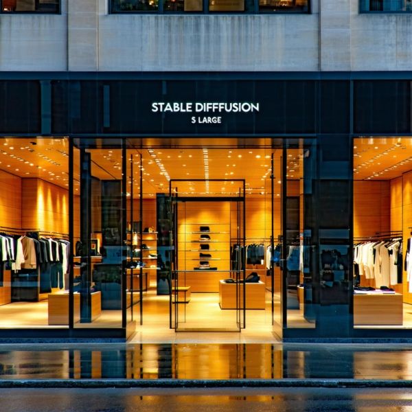 Cinematic wide shot of a high-end, minimalist flagship store in a bustling metropolitan district ...