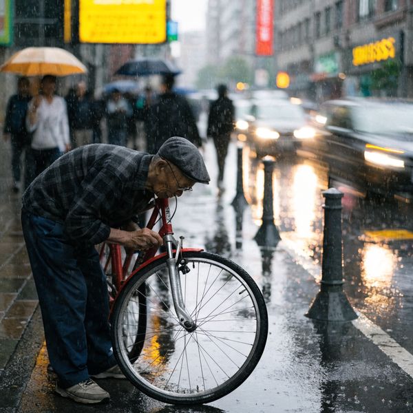 AI image generated by Recraft V4, ranked #7 of 26 in the "Candid Street Photography" arena challenge — prompt: A candid street photo of an elderly Japanese man repairing a red bicycle in light rain, reflections on wet pavement, shallow depth of field, 50mm lens, natural skin texture, imperfect framing, motion blur from passing cars, cinematic but realistic, no stylization.