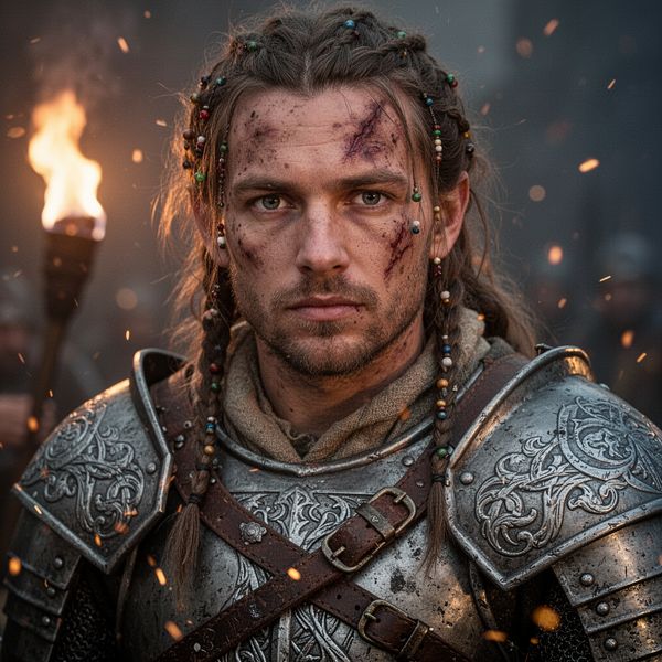 Close portrait of a battle-worn paladin in ornate engraved plate armor, hair braided with small b...