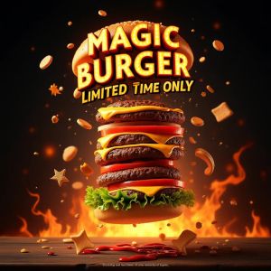 Ad for 'Magic Burger'. Dynamic, exploded burger with all ...