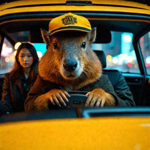 Photorealistic scene inside a yellow New York taxi at nig...