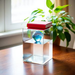 A glass cube on a wooden table. Inside the cube is a smal...