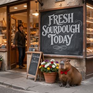 A cozy street corner bakery with a large chalkboard sign ...