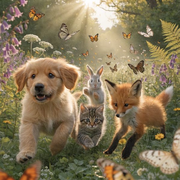 AI image generated by Recraft V4, ranked #1 of 25 in the "Adorable Baby Animals in Sunny Meadow" arena challenge — prompt: Hyper-photorealistic scene of fluffy baby animals—a golden retriever puppy, tabby kitten, baby bunny, and red fox kit—with big expressive eyes and ultra-detailed soft fur, playfully chasing butterflies and tumbling together in a lush wildflower meadow, warm golden sunrise light with god rays and dew sparkles, joyful wholesome vibe, 8K masterpiece.