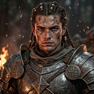 Close portrait of a battle-worn paladin in ornate engrave...