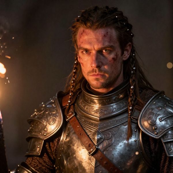 Close portrait of a battle-worn paladin in ornate engraved plate armor, hair braided with small b...