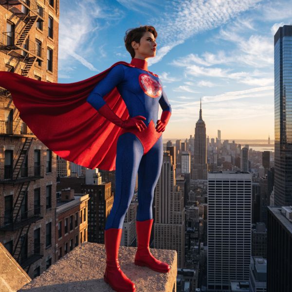 AI image generated by Recraft V4, ranked #14 of 21 in the "Heroic Super Hero Portrait" arena challenge — prompt: Hyper-photorealistic full-body portrait of a female superhero standing triumphantly on a New York skyscraper rooftop at golden sunset, wearing a classic modest superhero costume with flowing cape, chest emblem, gloves, and boots in red and blue colors, practical design, short hair, strong determined heroic expression looking into the distance, powerful confident stance with hands on hips and cape billowing dramatically in the wind, detailed urban cityscape background, warm natural sunlight with sharp shadows and fabric highlights, ultra-sharp textures on suit, hair, and concrete, 8K masterpiece, empowering family-friendly style.