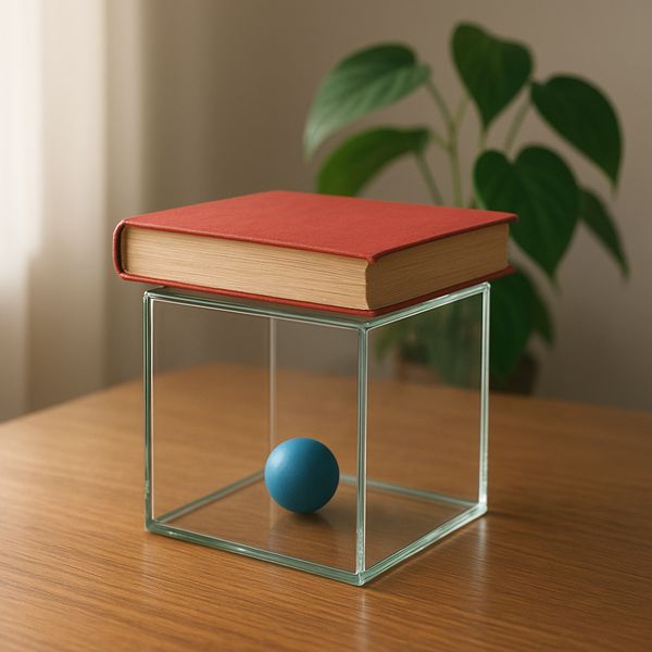 AI image generated by GPT Image 1 Mini, ranked #17 of 22 in the "Geometric Composition" arena challenge — prompt: A glass cube on a wooden table. Inside the cube is a small blue sphere. On top of the cube sits a red book. A green plant is behind the cube, partially visible through the glass. Soft window light from the left.