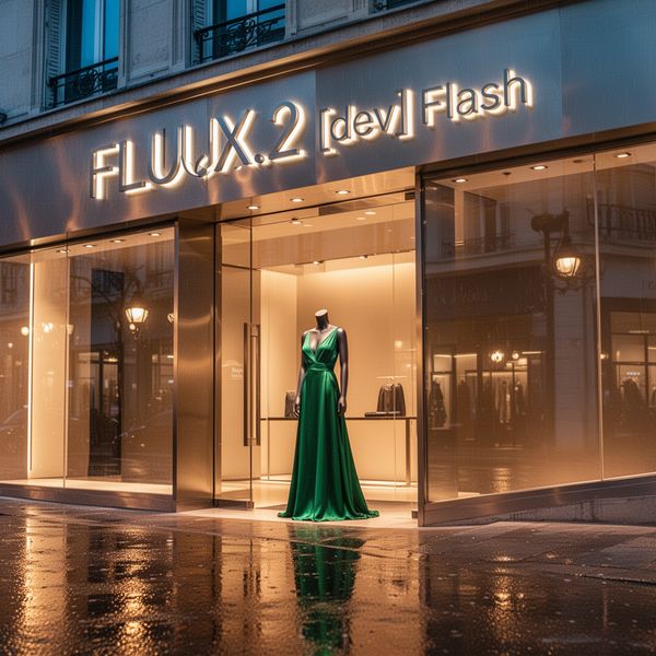 A wide, cinematic shot of a high-end, contemporary boutique storefront at twilight. The shop's fa...