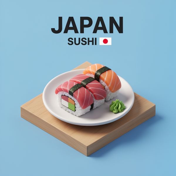 Create a clear, 45° top-down isometric miniature 3D cartoon scene of Japan's signature dish: sush...