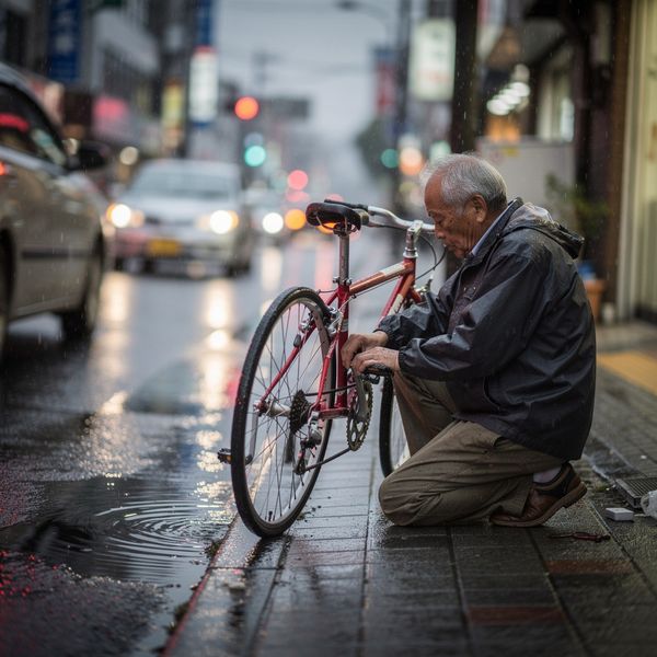 AI image generated by FLUX.2 [pro], ranked #9 of 26 in the "Candid Street Photography" arena challenge — prompt: A candid street photo of an elderly Japanese man repairing a red bicycle in light rain, reflections on wet pavement, shallow depth of field, 50mm lens, natural skin texture, imperfect framing, motion blur from passing cars, cinematic but realistic, no stylization.