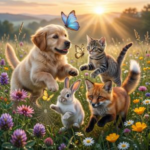 Qwen Image Max — Adorable Baby Animals in Sunny Meadow