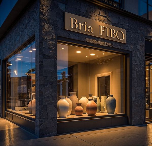 A wide cinematic shot of an upscale, modern boutique storefront at dusk. The shop's large glass w...