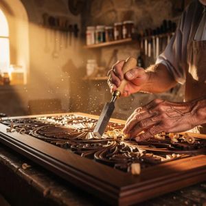 A medium shot of an elderly artisan in a sun-drenched Med...