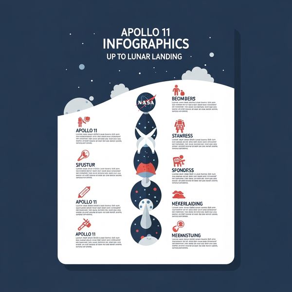 AI image generated by Imagen 4.0 Ultra Generate 001, ranked #17 of 19 in the "Apollo 11: Journey to Tranquility" arena challenge — prompt: Create a clean, modern vector infographic poster about the Apollo 11 mission. NASA-inspired palette (navy, white, muted red, light gray). Flat-vector style, crisp lines, consistent iconography, subtle gradients only.
Steps (stop at landing):
1. Launch (Saturn Vicon)
2. Earth Orbit (Earth + orbit ring icon)
3. Translunar (trajectory arc icon)
4. Lunar Orbit (Moon + orbit ring icon)
5. Descent (lunar module descending icon)
6. Landing (lunar module on the surface icon)
Small supporting elements (minimal text):
• Crew strip: three silhouette icons with only last names:
Armstrong, Aldrin, Collins.
• Landing site marker: Moon pin labeled "Tranquility" only.
Layout constraints: generous margins, large readable labels, clean background with subtle stars. Vector-only, print-poster look, high resolution.