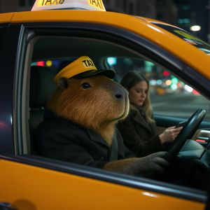 Photorealistic scene inside a yellow New York taxi at nig...