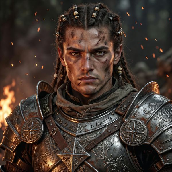 Close portrait of a battle-worn paladin in ornate engraved plate armor, hair braided with small b...