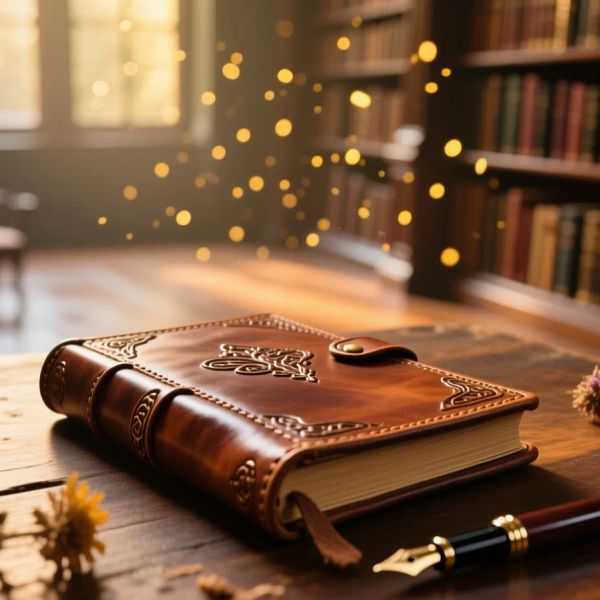 A wide, cinematic shot of a meticulously detailed, handcrafted leather-bound journal lying on a r...