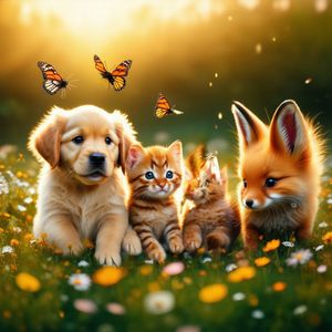 Hyper-photorealistic scene of fluffy baby animals—a golde...