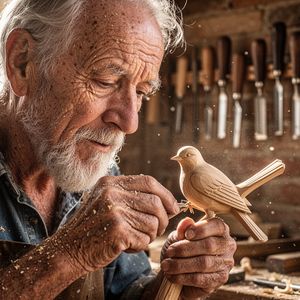 A hyper-realistic close-up portrait of an elderly artisan...