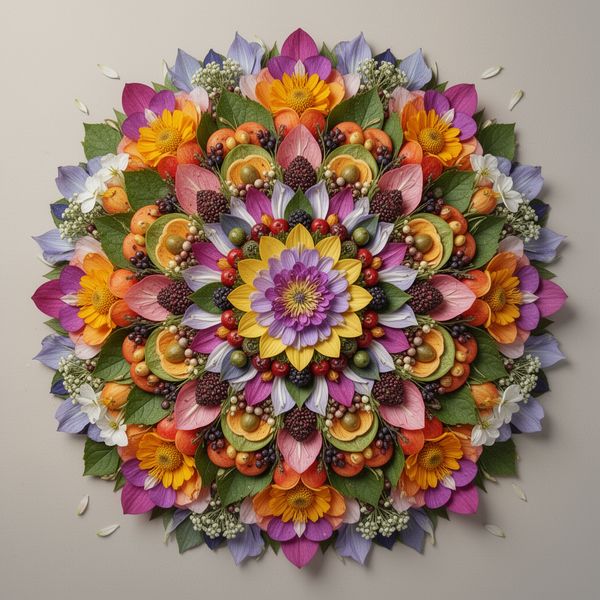 AI image generated by FLUX.2 [dev] Flash, ranked #5 of 15 in the "Intricate Floral Mandala" arena challenge — prompt: Perfectly symmetrical mandala made entirely of real flowers, petals, leaves, fruits, and seeds in vibrant natural colors, intricate layered patterns with radial symmetry, top-down view on a soft neutral background, hyper-detailed organic textures and subtle shadows, photorealistic, 8K masterpiece.