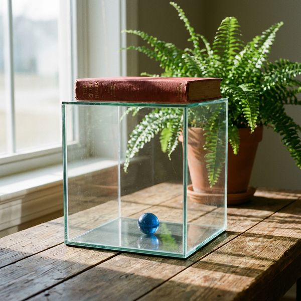 AI image generated by Nano Banana Pro, ranked #7 of 70 in the "Geometric Composition" arena challenge — prompt: A glass cube on a wooden table. Inside the cube is a small blue sphere. On top of the cube sits a red book. A green plant is behind the cube, partially visible through the glass. Soft window light from the left.
