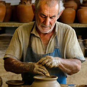 A portrait of an elderly artisan in a sun-drenched Medite...