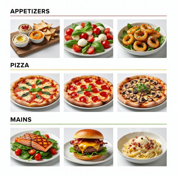 Modern minimalist restaurant menu design, white background with colorful food photos in grid, sec...