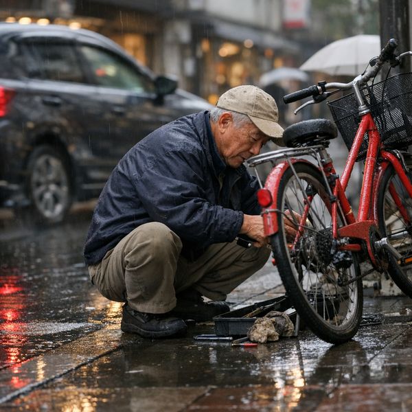 AI image generated by GPT Image 1.5, ranked #11 of 24 in the "Candid Street Photography" arena challenge — prompt: A candid street photo of an elderly Japanese man repairing a red bicycle in light rain, reflections on wet pavement, shallow depth of field, 50mm lens, natural skin texture, imperfect framing, motion blur from passing cars, cinematic but realistic, no stylization.
