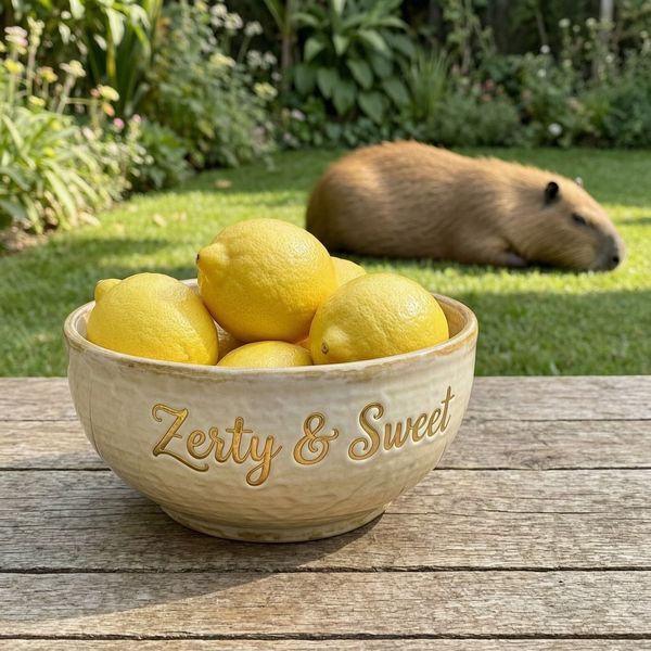 AI image generated by Wan 2.7 Pro — prompt: A beautiful hand-painted ceramic bowl sitting on a rustic wooden table, filled with fresh lemons. The text "Zesty & Sweet" is elegantly embossed in gold script on the side of the bowl. In the soft-focus garden background, a capybara naps in the sun.