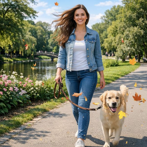 Add dynamic motion to this photo: make hair blow in the wind, add leaves flying, energetic and li...