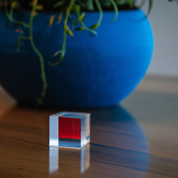 AI image generated by DALL-E 2, ranked #24 of 26 in the "Geometric Composition" arena challenge — prompt: A glass cube on a wooden table. Inside the cube is a small blue sphere. On top of the cube sits a red book. A green plant is behind the cube, partially visible through the glass. Soft window light from the left.