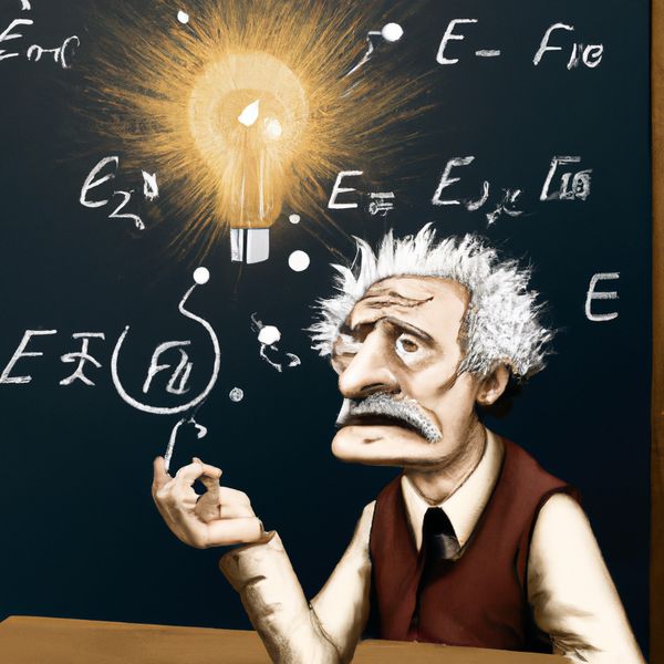 AI image generated by DALL-E 2 — prompt: A frustrated Einstein fighting a Eureka moment - the sparking idea light-bulb floats above his head, flickering and only dimly illuminating a partially obscured chalkboard with Schrödinger's equation written on it, ĤΨ = EΨ.