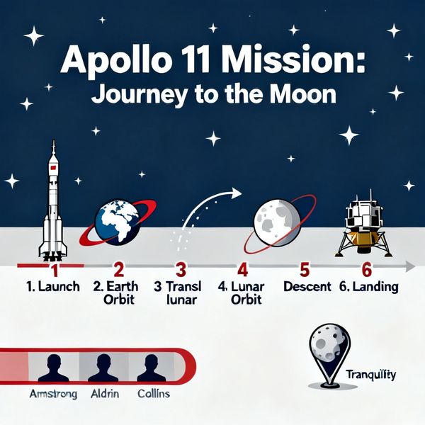 AI image generated by Seedream 4.0, ranked #15 of 19 in the "Apollo 11: Journey to Tranquility" arena challenge — prompt: Create a clean, modern vector infographic poster about the Apollo 11 mission. NASA-inspired palette (navy, white, muted red, light gray). Flat-vector style, crisp lines, consistent iconography, subtle gradients only.
Steps (stop at landing):
1. Launch (Saturn Vicon)
2. Earth Orbit (Earth + orbit ring icon)
3. Translunar (trajectory arc icon)
4. Lunar Orbit (Moon + orbit ring icon)
5. Descent (lunar module descending icon)
6. Landing (lunar module on the surface icon)
Small supporting elements (minimal text):
• Crew strip: three silhouette icons with only last names:
Armstrong, Aldrin, Collins.
• Landing site marker: Moon pin labeled "Tranquility" only.
Layout constraints: generous margins, large readable labels, clean background with subtle stars. Vector-only, print-poster look, high resolution.