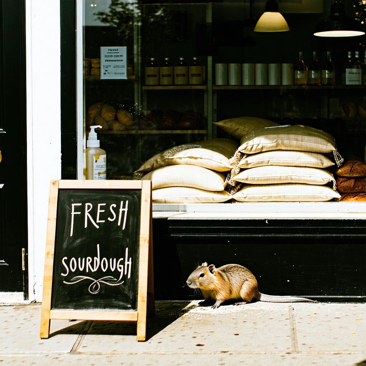 Stable Diffusion 3.5 Large generated image of A cozy street-side bakery with a chalkboard sign out front that reads "FRESH ...