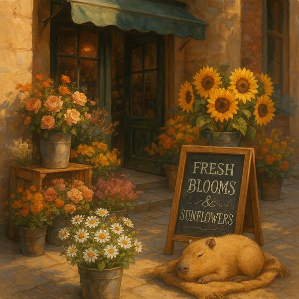 AI image generated by GPT Image 1 — prompt: A cozy street-side flower shop with a chalkboard sign that clearly says "FRESH BLOOMS & SUNFLOWERS" in elegant cursive. A tiny capybara is napping peacefully on a burlap sack behind a bucket of daisies in the corner. High detail, warm sunlight.