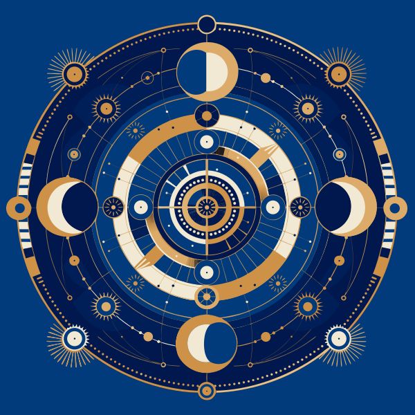 AI image generated by Recraft V4 Pro SVG — prompt: A complex, symmetrical vector illustration of an intricate astronomical clockwork mechanism, featuring layered gears, celestial orbits, and sun-and-moon phases in a sophisticated navy blue, gold, and cream color palette, clean vector lines, flat design with subtle gradients, professional graphic design style, 4:3 landscape composition.