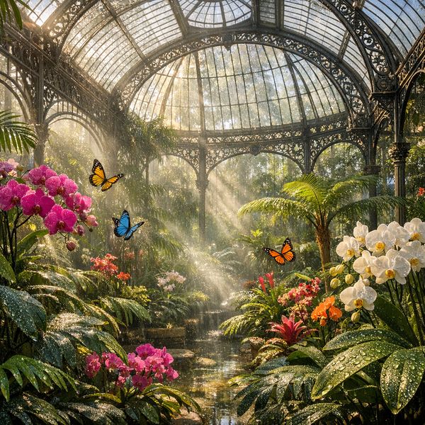 AI image generated by GPT Image 1.5, ranked #2 of 17 in the "Victorian Greenhouse Oasis" arena challenge — prompt: Hyper-photorealistic interior of a lush Victorian glass greenhouse filled with exotic tropical plants, vibrant blooming orchids, tall ferns, colorful butterflies in flight, sunlight filtering through ornate glass roof creating realistic caustics and dew on leaves, intricate iron framework visible, misty atmosphere, 8K masterpiece.